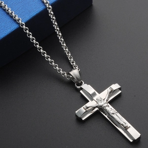 Silver stainless steel crucifix necklace with Jesus pendant on a classic O-chain
