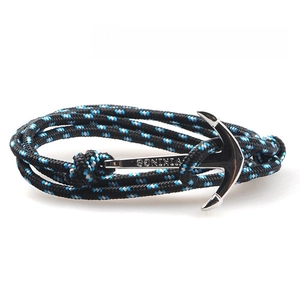 Detail of nautical braided rope bracelet with silver anchor clasp featuring Sonikia engraving