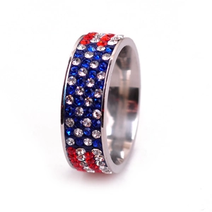 Detailed side view of wide stainless steel ring with red white and blue crystal pavé stones