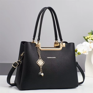 Mode Damen Litschi Muster PU Leder Handtasche Große Kapazität Umhängetasche Mit Künstliche Perlenanhänger Elegante Tote