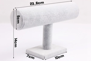 Detailed dimensions of a grey velvet T-bar display stand for bracelets and watches