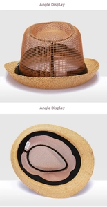 Dettaglio cappello di paglia marrone con corona in rete traspirante e fascia