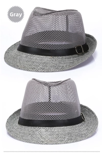 Dettaglio cappello da sole grigio in lino con fascia in ecopelle nera e fibbia in metallo