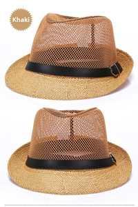 Dettaglio cappello di paglia kaki con trama a rete traspirante e cinturino in pelle