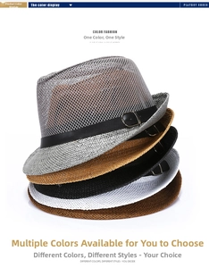 Primo piano di cinque cappelli jazz estivi in lino in vari colori con trama traspirante