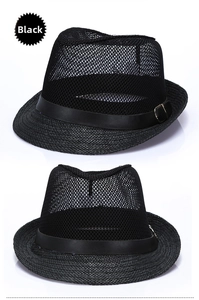 Dettaglio cappello jazz nero in rete traspirante con tesa in paglia e cinturino in pelle