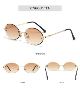 Multi-angle view of rimless oval sunglasses with gold twisted metal temples and tea lenses