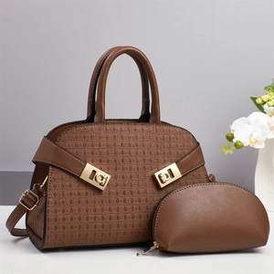 Detail of brown 2-in-1 tote bag set with textured plaid finish and golden metal hardware