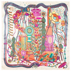 Close-up of vintage metal key and chain pattern on a colorful 60cm square silk scarf