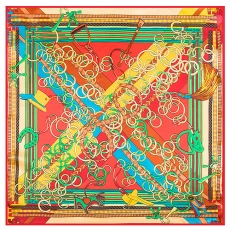 Detailed pattern of a square silk scarf with horse harness and colorful bridle elements