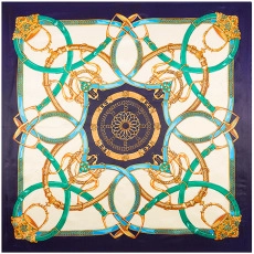 Detailed pattern of silk scarf with gold horsebit and green leather chain design