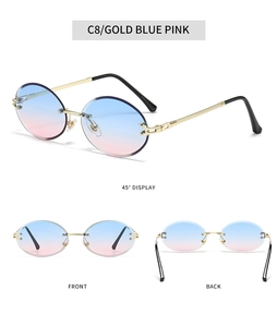 Detailed views of rimless oval sunglasses with gold blue pink gradient lenses and metal legs