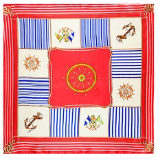 Detailed flat lay of nautical silk square scarf featuring gold helm and anchor patterns