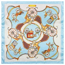 Detailed top view of a blue and gold square silk scarf with vintage carriage patterns