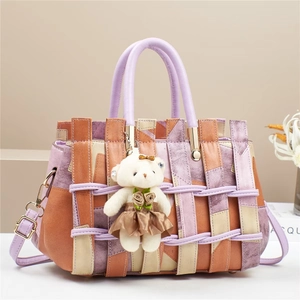 Women Fashion Handbag PU Leather Patchwork Woven Crossbody Bag With Cute Bear Charm Elegant Casual Tote