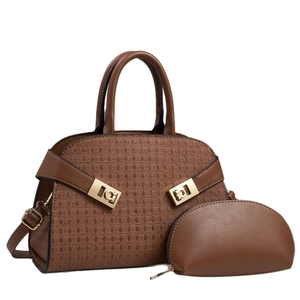 Brown woven texture handbag set with detachable strap and golden clasp on white background