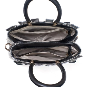 Detailed top view of black leather handbag with grey herringbone lining and zippers