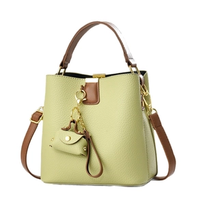 Sac seau élégant vert clair avec poignées marron et détails en métal doré chic