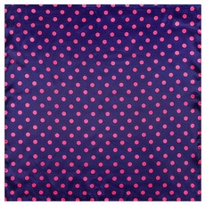 Detail of navy blue silk scarf featuring a neat pink polka dot pattern in a flat lay view