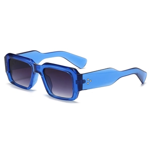 Fashionable square blue sunglasses with star rivets and stylish wavy wide temples