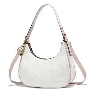 Fashionable textured white hobo bag with pink trim and gold metallic hardware