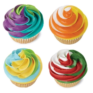 Top view of four colorful cupcakes showing tri-color frosting swirls on white background