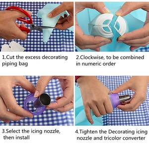 Step-by-step assembly of tricolor coupler, piping bag, and nozzle for cake decorating