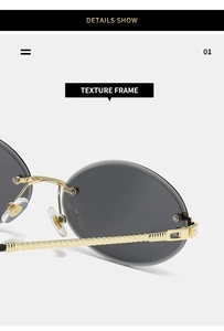 Macro view of textured spiral metal temples and gold frame detail on rimless sunglasses