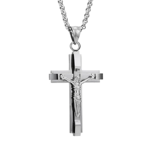 Silver stainless steel crucifix pendant necklace with a polished box chain for men and women