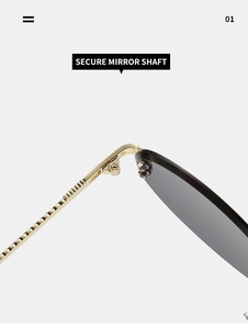 Close-up of secure gold metal hinges and screw reinforcement on rimless sunglasses