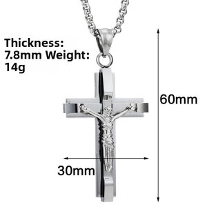 Detailed view of silver stainless steel crucifix necklace with size and weight dimensions