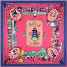 Detailed pattern of a pink silk scarf featuring Promenades de Paris artistic illustrations