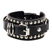 Detail view of black leather bracelet with silver metal studs and adjustable buckle closure