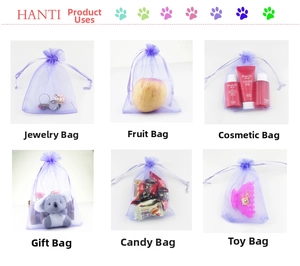 Collage of purple organza drawstring bags used for jewelry and gift storage