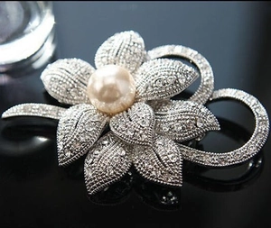 Macro shot of silver floral brooch with crystal petals and a white round pearl center