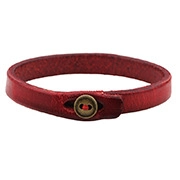 Detail of a red genuine leather bracelet featuring a vintage bronze button fastener clasp