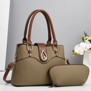 Chic khaki woven handbag set with dark brown leather trim and gold twist lock detail