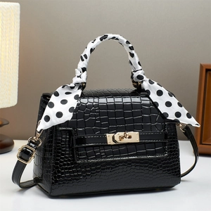 Women Crocodile Pattern PU Leather Handbag With Polka Dot Scarf Handle Fashion Crossbody Square Bag For Daily Use