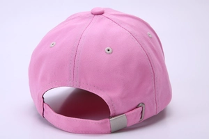 Detailed back view of pink cotton baseball cap with adjustable silver metal buckle strap