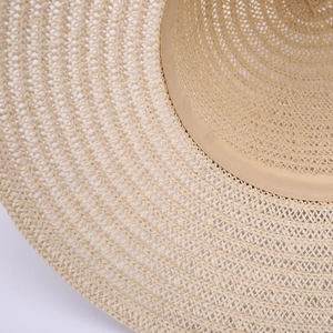 Detailed close-up of woven straw sun hat texture with wide brim and sweatband