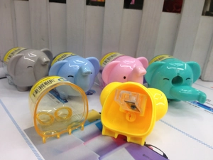 Detail view of colorful elephant pencil sharpeners showing internal metal blade structure