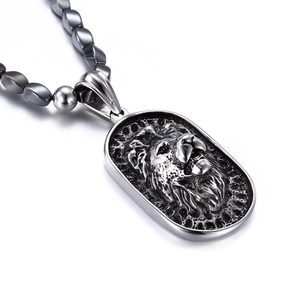Punk style lion head oval pendant with dark cylindrical beads necklace for men