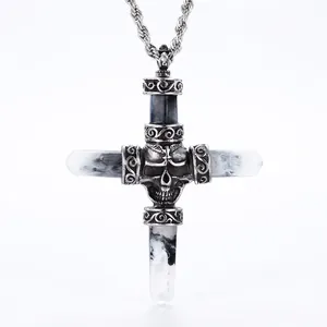 Gothic Skull Cross Pendant Retro Stainless Steel Marble Pattern Punk Rock Style Jewelry For Men