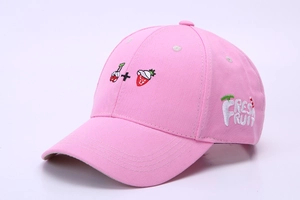 Detail shot showing high-quality fresh fruit 3D embroidery on pink cotton baseball cap
