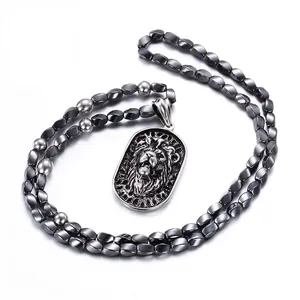 Lion Head Pendant Necklace With 316L Stainless Steel And Hematite Beads Punk Hip Hop Style Jewelry For Men