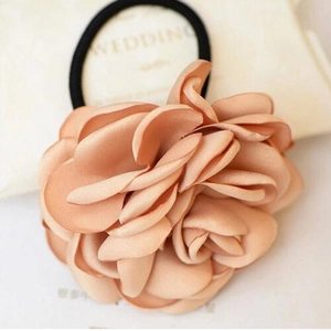 Elegant champagne silk camellia flower hair scrunchie with high elastic black band for women