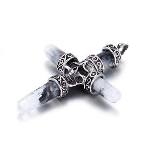 Vintage gothic cross pendant for men with skull design and black and white crystals