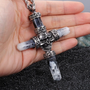 Retro skull cross necklace with faux marble texture and silver metal pendant for men