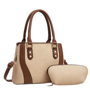 Elegant beige woven handbag and pouch set with brown leather trim and golden hardware