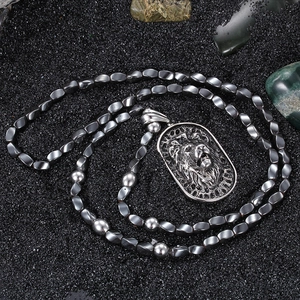 Punk silver lion head pendant with dark grey magnetic stone beaded chain for men